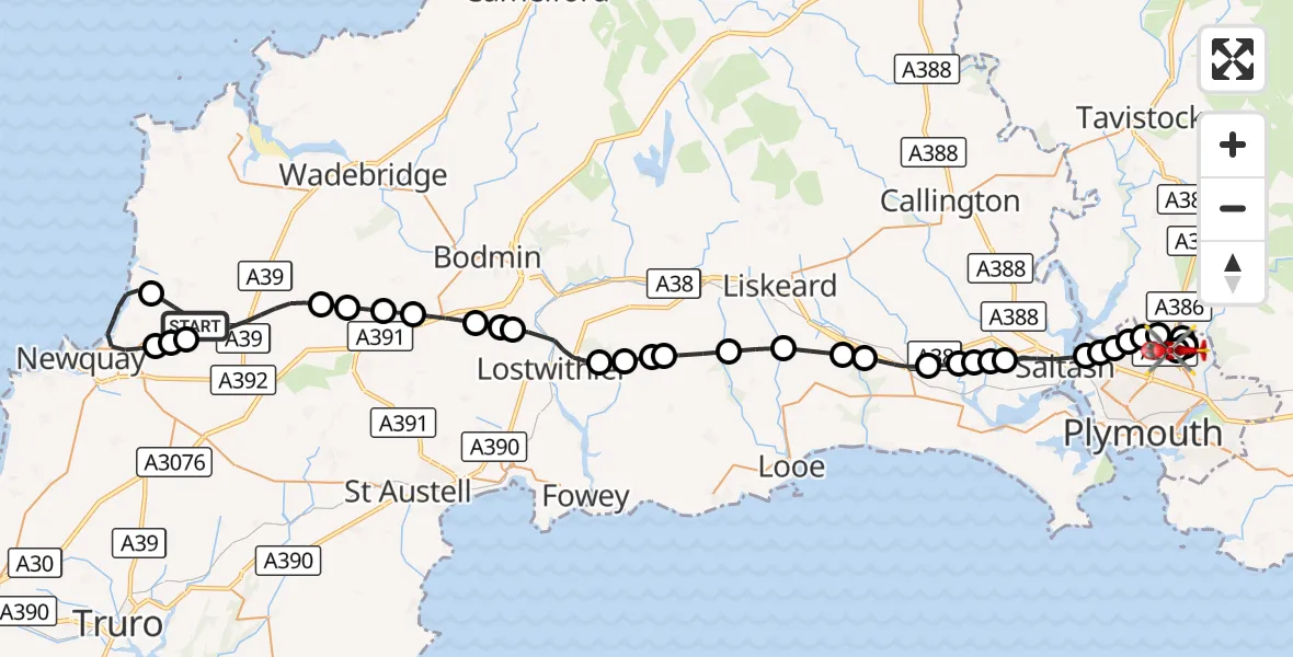 Flight route Air Ambulance Helicopter Cornwall Airport Newquay - Derriford Hospital, 09 August 2026, 08:48