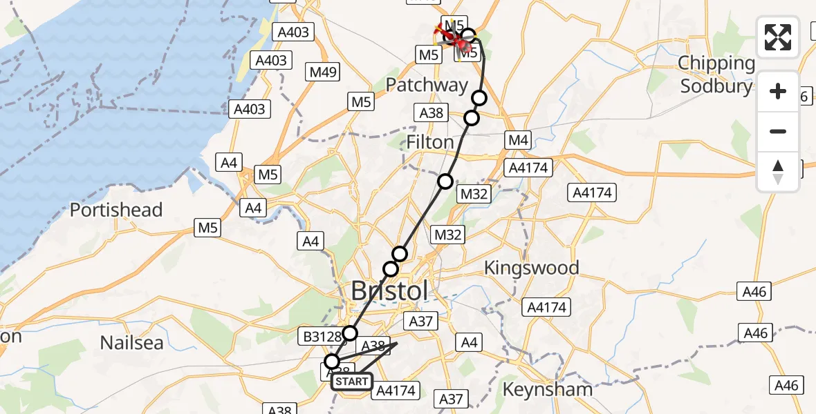 Flight route Air Ambulance Helicopter Bristol - Almondsbury Helicopter Base, 09 August 2026, 08:58