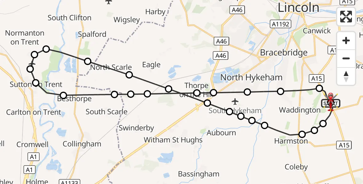 Flight route Air Ambulance Helicopter RAF Waddington - North Kesteven, 09 August 2026, 09:04