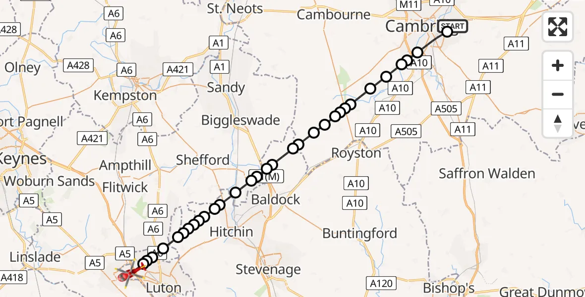 Flight route Air Ambulance Helicopter Cambridge City Airport - Leagrave, 09 August 2026, 09:13