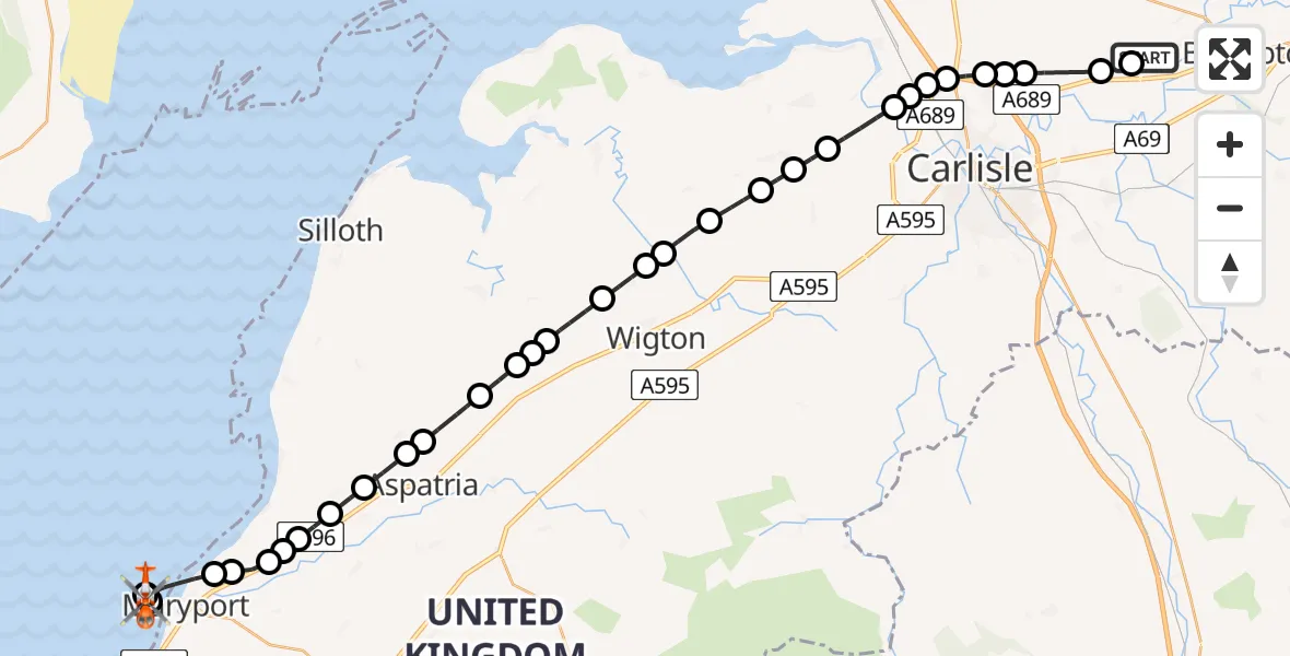 Flight route Coastguard Helicopter Carlisle Lake District Airport - Irish Sea, 09 August 2026, 09:15