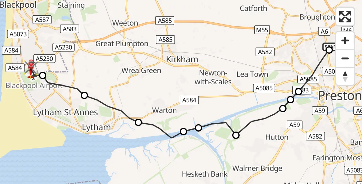 Flight route Air Ambulance Helicopter Royal Preston - Blackpool Airport, 09 August 2026, 09:15
