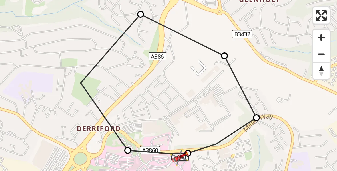 Flight route Air Ambulance Helicopter Derriford Hospital - Derriford Hospital, 09 August 2026, 09:16
