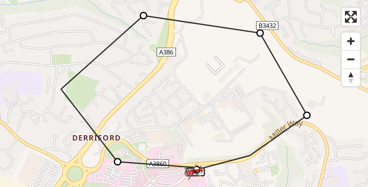 Flight route Air Ambulance Helicopter Derriford Hospital - Derriford Hospital, 09 August 2026, 09:19