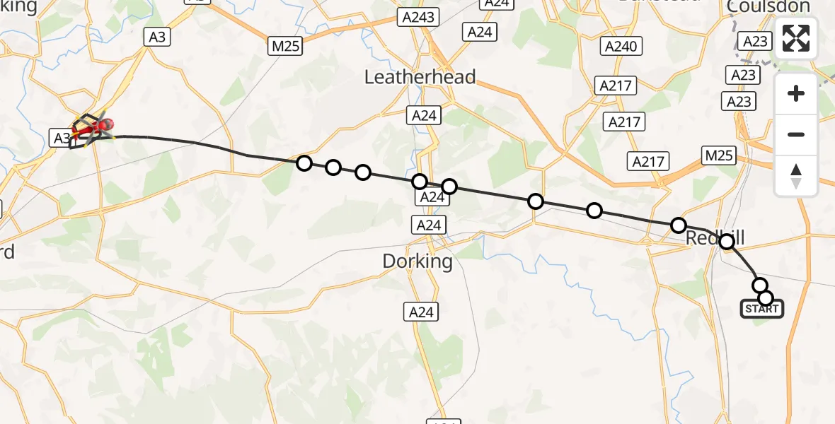 Flight route Air Ambulance Helicopter Redhill Aerodrome - Guildford, 09 August 2026, 09:20