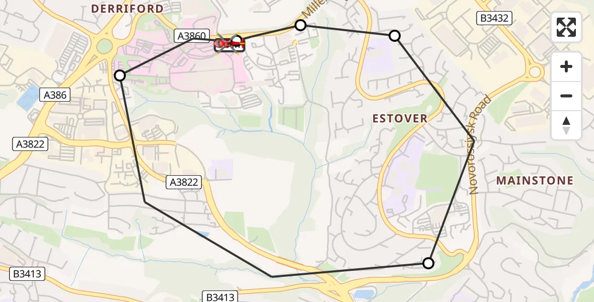 Flight route Air Ambulance Helicopter Derriford Hospital - Derriford Hospital, 09 August 2026, 09:23