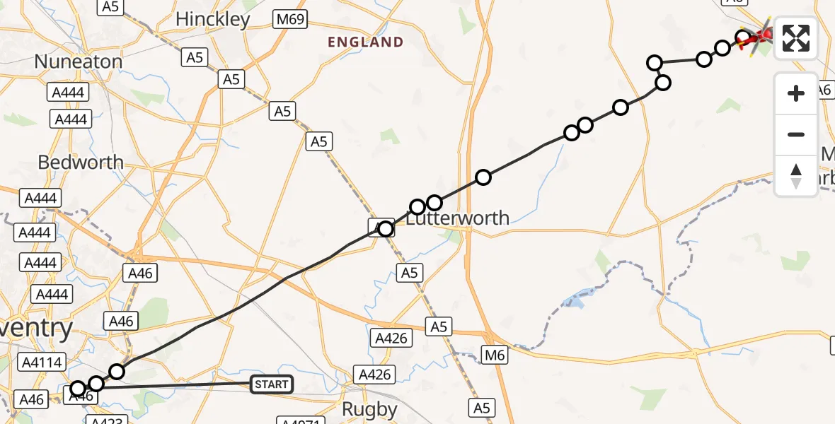 Flight route Air Ambulance Helicopter Rugby - Kibworth Beauchamp, 09 August 2026, 09:25