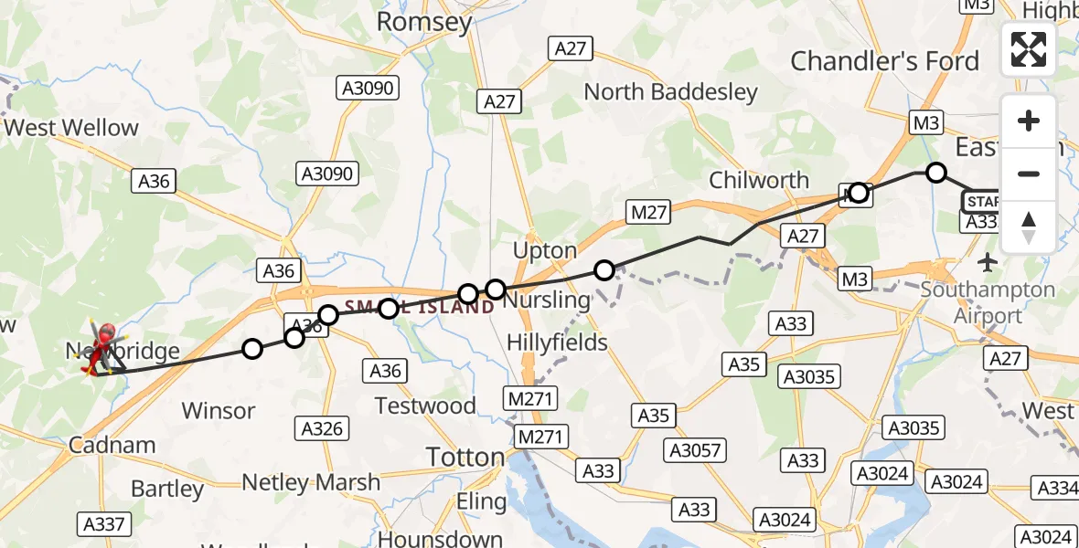 Flight route Air Ambulance Helicopter Southampton Airport - Copythorne, 09 August 2026, 09:25