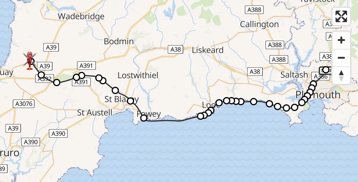 Flight route Air Ambulance Helicopter Derriford Hospital - Cornwall Airport Newquay, 09 August 2026, 09:28