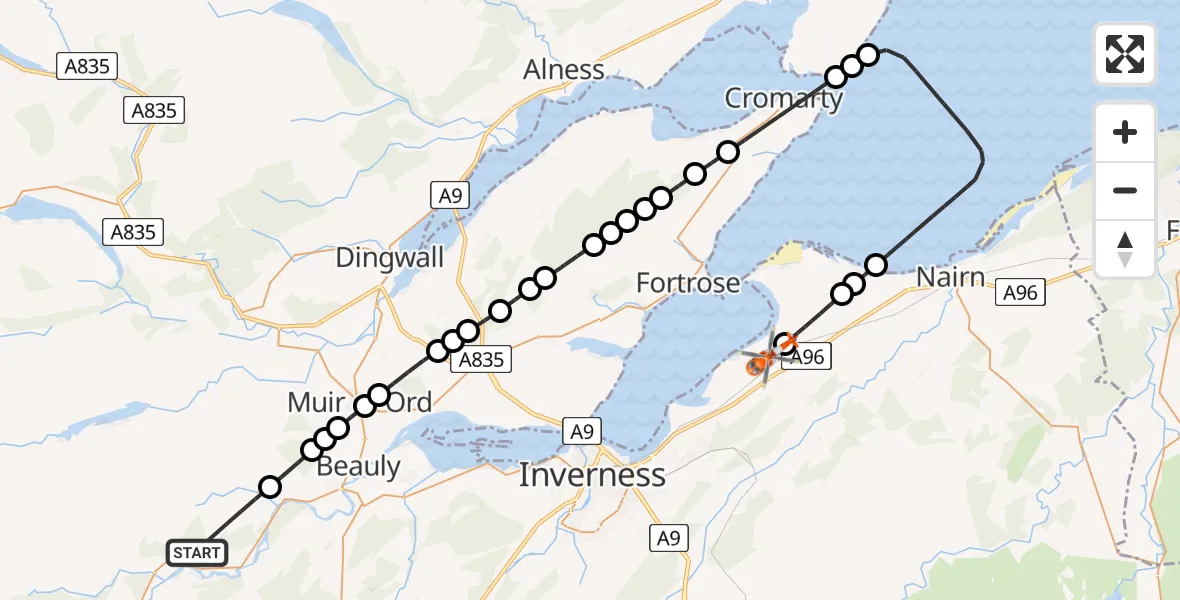 Flight route Coastguard Helicopter Highland - Inverness Airport, 09 August 2026, 09:57