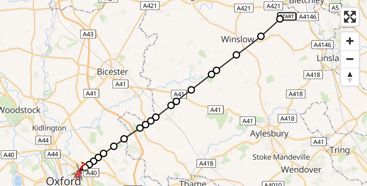 Flight route Air Ambulance Helicopter Newton Longville - Oxford, 09 August 2026, 09:59