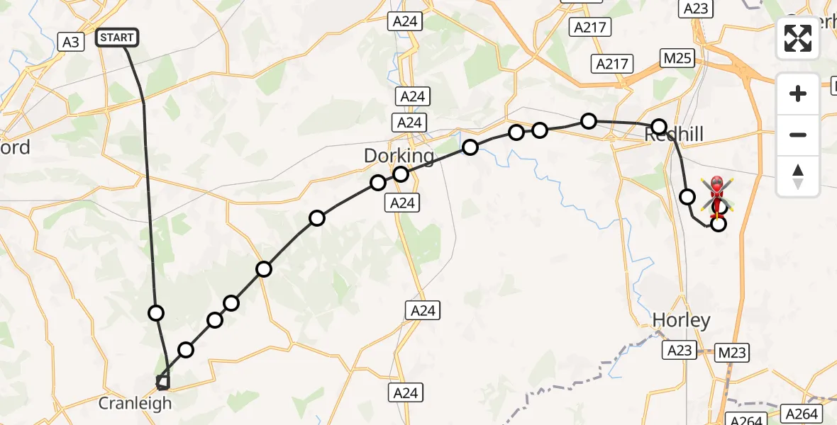 Flight route Air Ambulance Helicopter Guildford - Redhill Aerodrome, 09 August 2026, 10:02