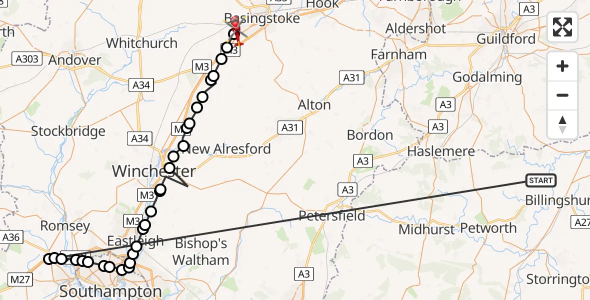 Flight route Air Ambulance Helicopter Loxwood - Basingstoke and Deane, 09 August 2026, 10:05
