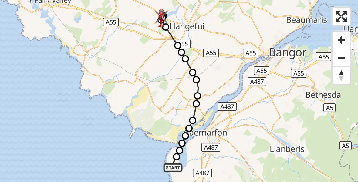 Flight route Air Ambulance Helicopter Caernarfon Airport - Llangefni, 09 August 2026, 10:18