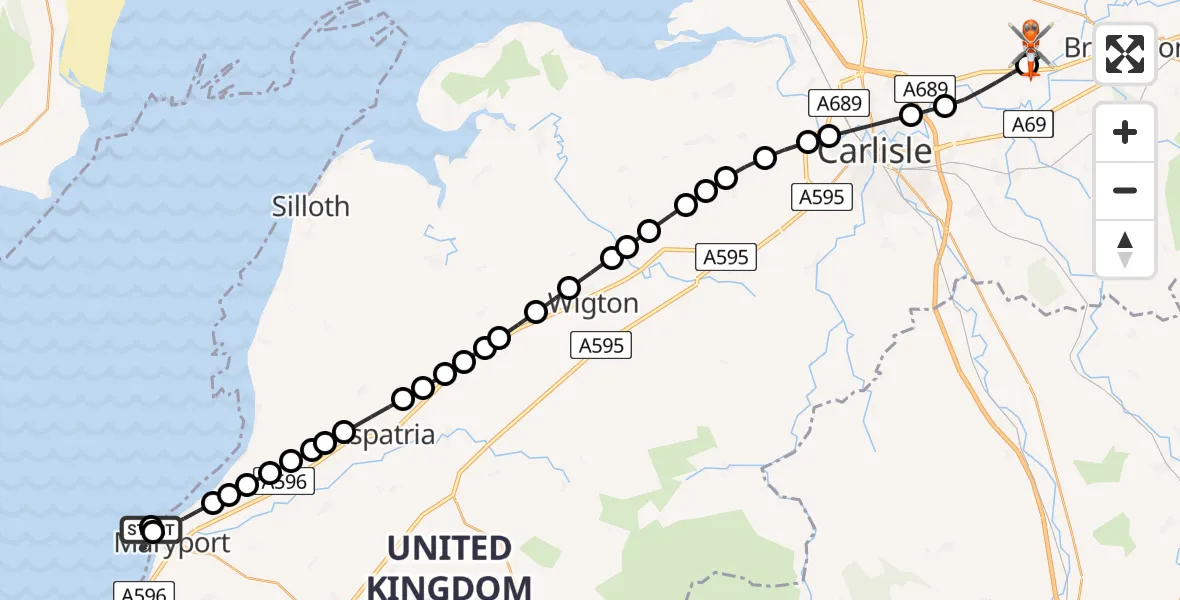 Flight route Coastguard Helicopter Maryport - Carlisle Lake District Airport, 09 August 2026, 10:19