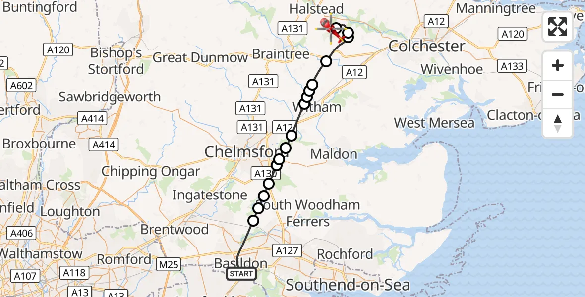 Flight route Air Ambulance Helicopter Basildon - Earls Colne Airfield, 09 August 2026, 10:20