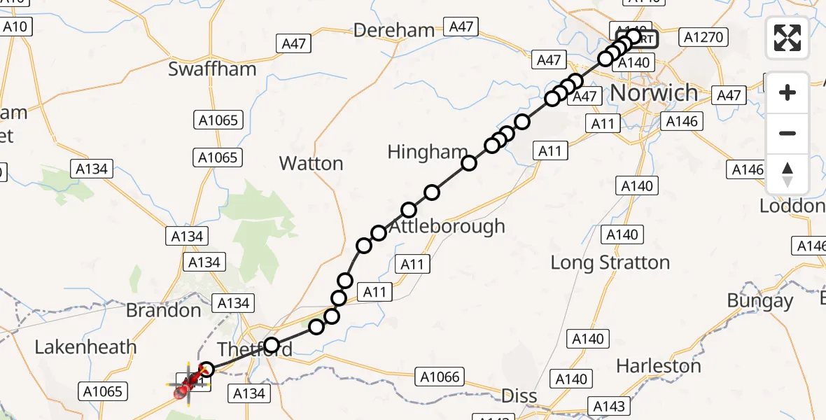 Flight route Air Ambulance Helicopter Norwich Airport - West Suffolk, 09 August 2026, 10:20