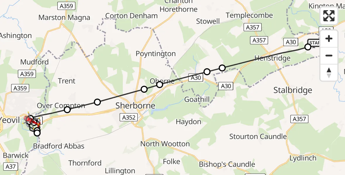 Flight route Air Ambulance Helicopter Henstridge Airfield - Yeovil, 09 August 2026, 10:23