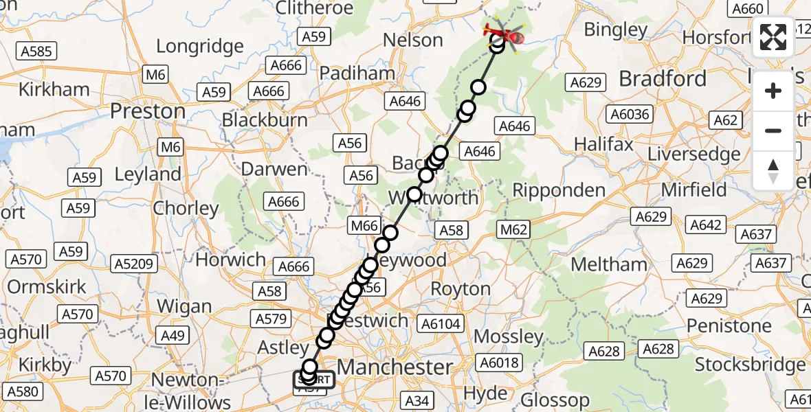 Flight route Air Ambulance Helicopter Manchester Barton Aerodrome - Wycoller, 09 August 2026, 10:32