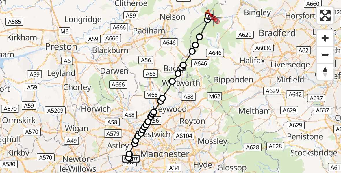 Flight route Air Ambulance Helicopter Manchester Barton Aerodrome - Keighley, 09 August 2026, 10:32