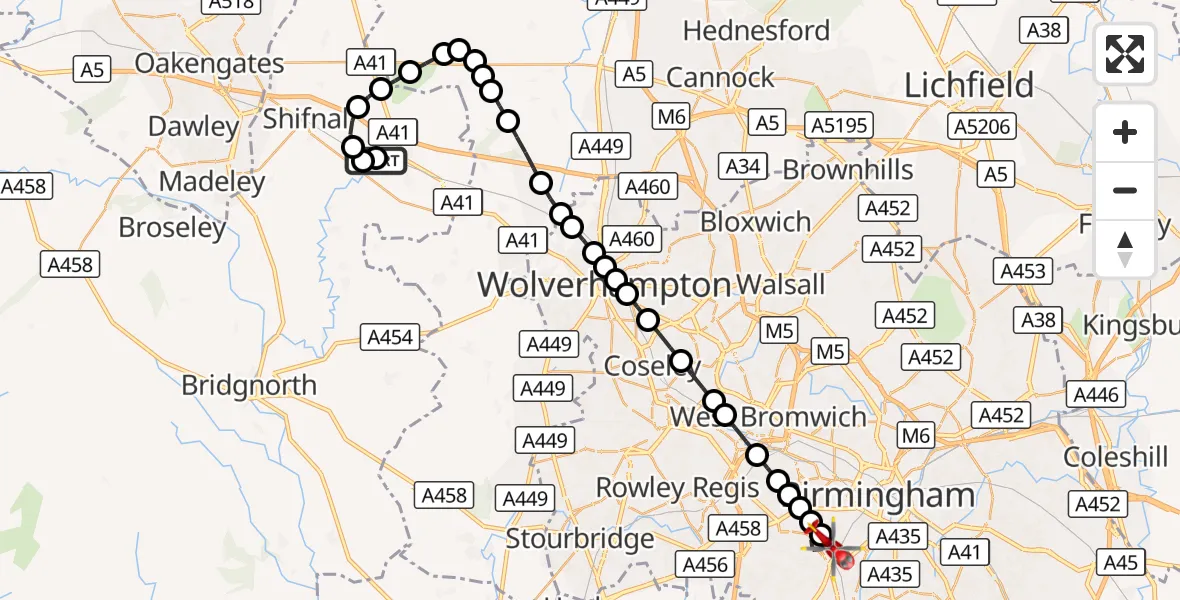 Flight route Air Ambulance Helicopter RAF Cosford - Metchley, 09 August 2026, 10:34