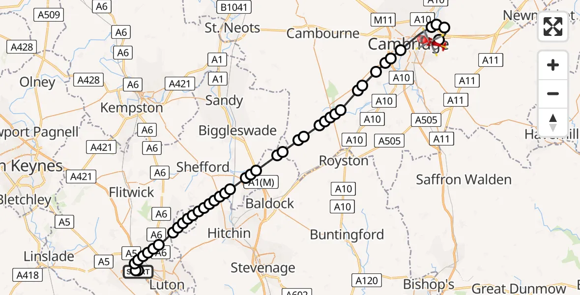 Flight route Air Ambulance Helicopter Luton & Dunstable - Cambridge City Airport, 09 August 2026, 10:39