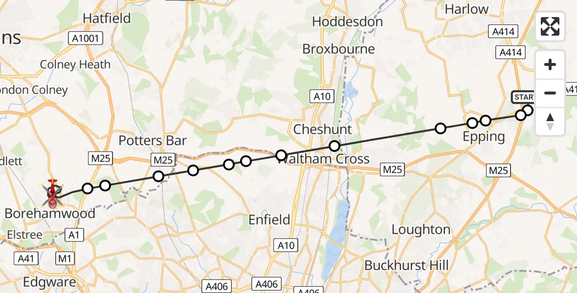 Flight route Air Ambulance Helicopter North Weald Airfield - Borehamwood, 09 August 2026, 10:43