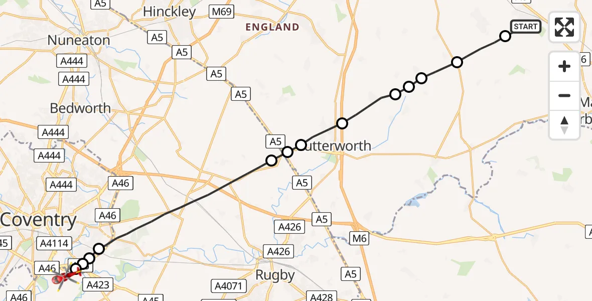 Flight route Air Ambulance Helicopter Smeeton Westerby - Coventry Airport, 09 August 2026, 10:43