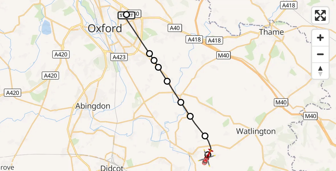 Flight route Air Ambulance Helicopter John Radcliffe Hospital - RAF Benson, 09 August 2026, 11:00