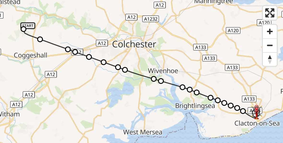 Flight route Air Ambulance Helicopter Earls Colne Airfield - Clacton-on-Sea, 09 August 2026, 11:04