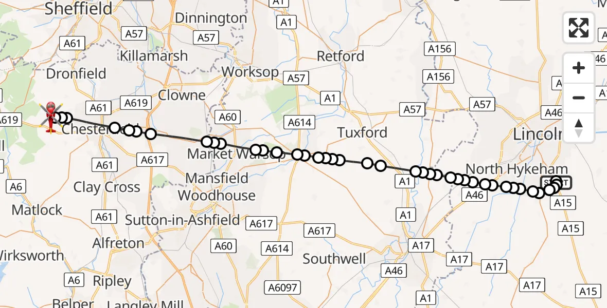 Flight route Air Ambulance Helicopter RAF Waddington - Wadshelf, 09 August 2026, 11:05