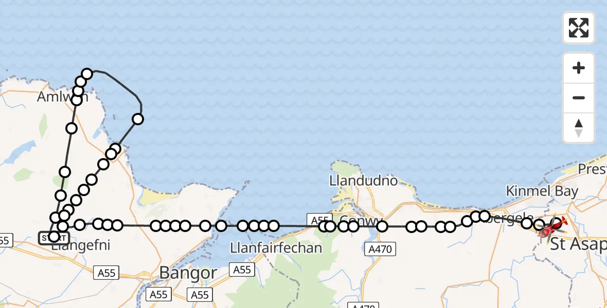 Flight route Air Ambulance Helicopter Bodffordd - Rhyl, 09 August 2026, 11:07