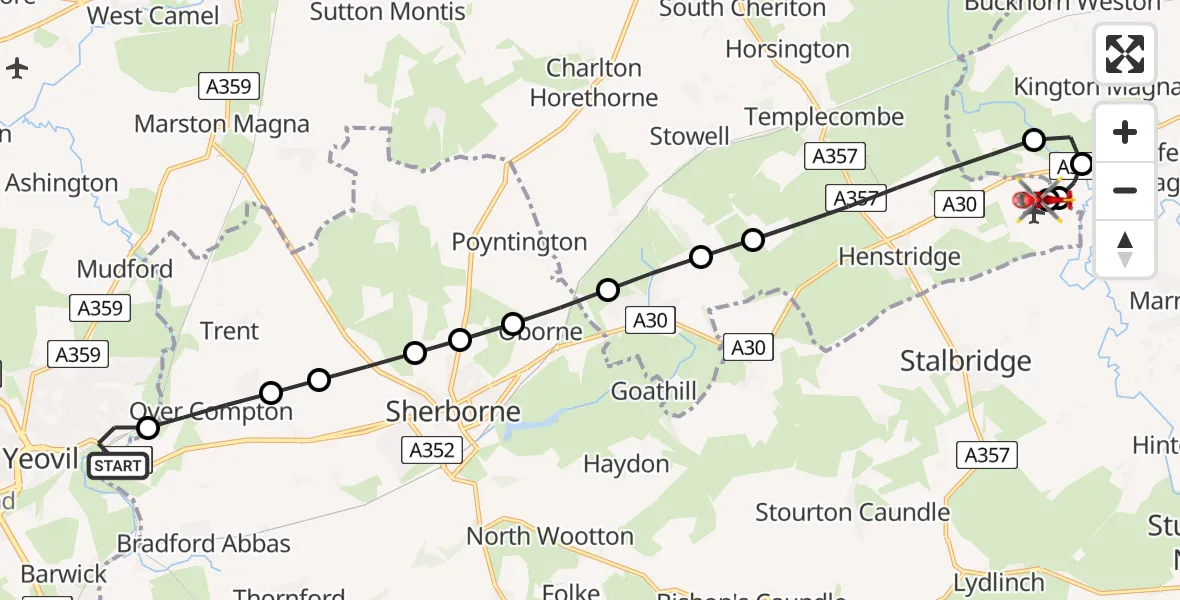 Flight route Air Ambulance Helicopter Yeovil - Henstridge Airfield, 09 August 2026, 11:11