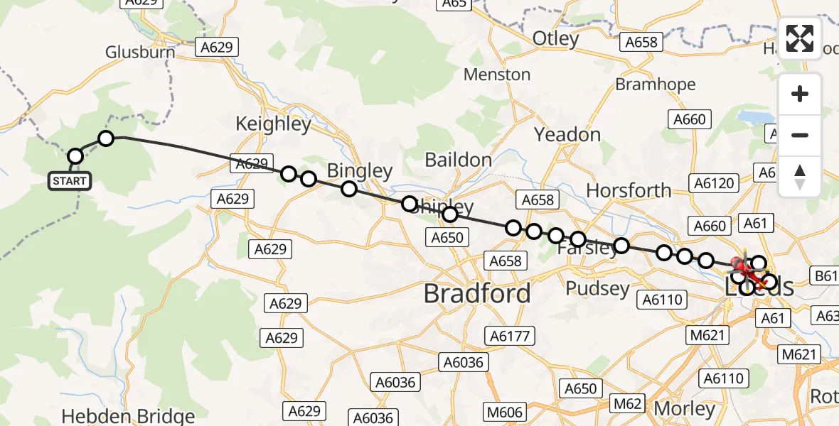 Flight route Air Ambulance Helicopter Pendle - Woodhouse, 09 August 2026, 11:15