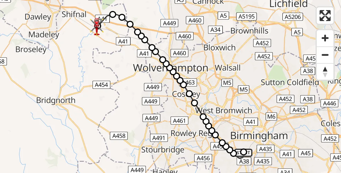 Flight route Air Ambulance Helicopter Queen Elizabeth Hospital Helipad - Cosford, 09 August 2026, 11:19