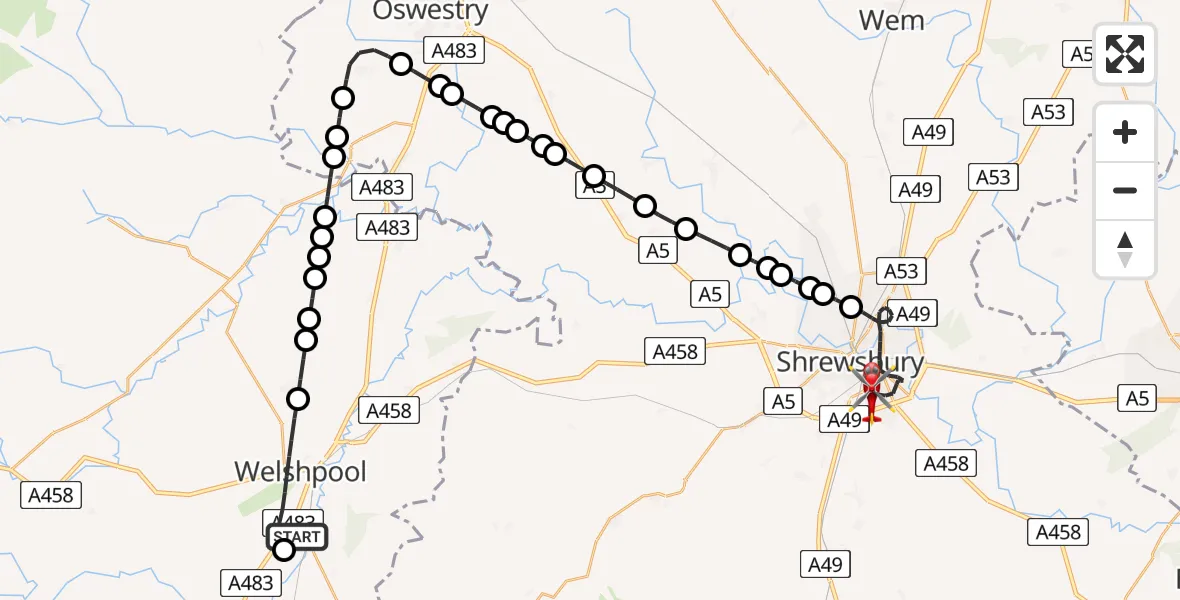 Flight route Air Ambulance Helicopter Welshpool Airport - Shrewsbury, 09 August 2026, 11:23