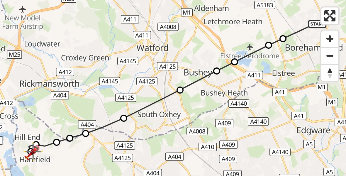 Flight route Air Ambulance Helicopter Borehamwood - Harefield Hospital, 09 August 2026, 11:29