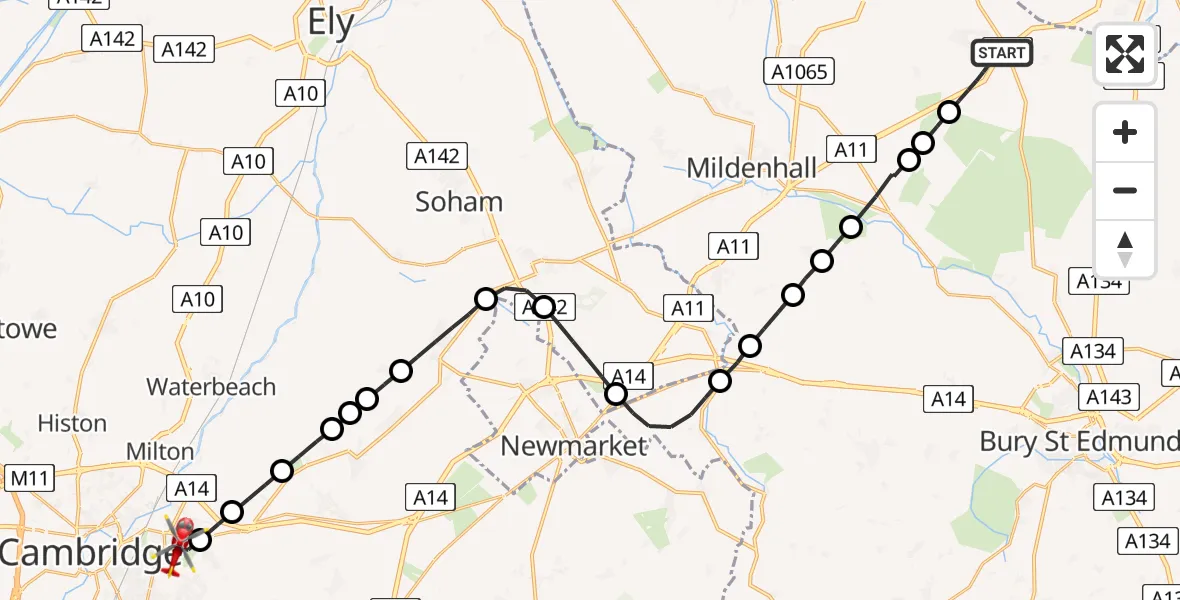 Flight route Air Ambulance Helicopter West Suffolk - Cambridge City Airport, 09 August 2026, 11:34