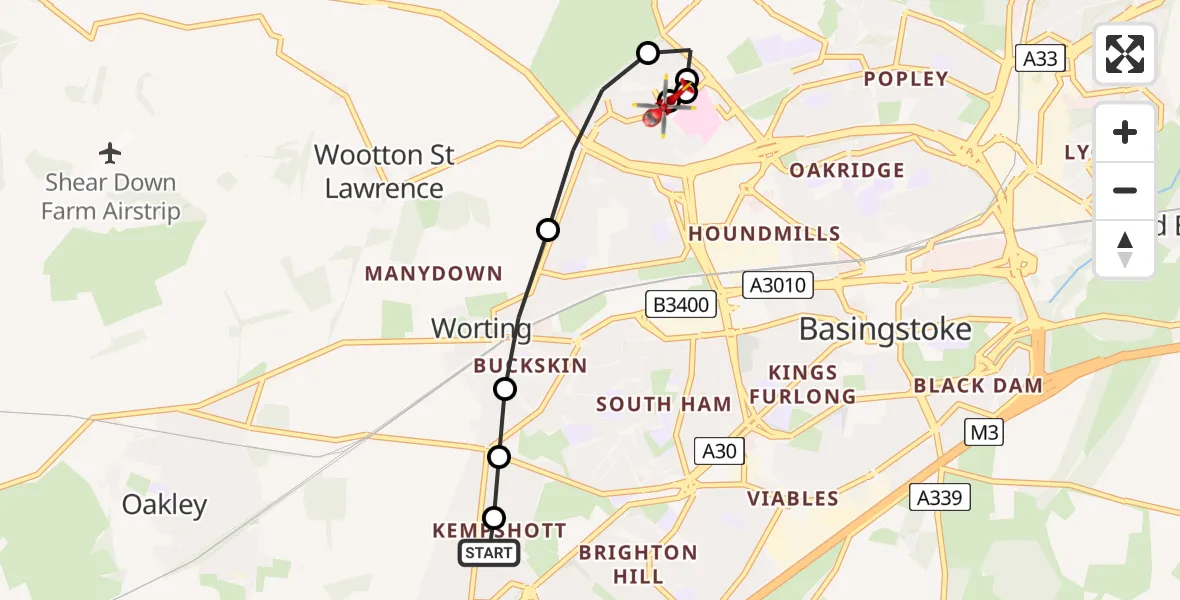 Flight route Air Ambulance Helicopter Basingstoke - Basingstoke, 09 August 2026, 11:34