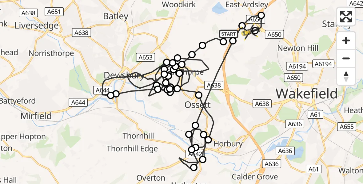 Flight route Police Helicopter East Ardsley - East Ardsley, 09 August 2026, 11:36