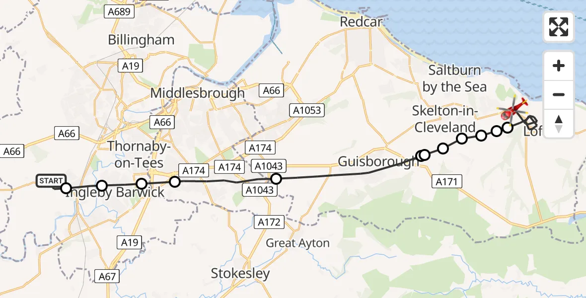 Flight route Air Ambulance Helicopter Egglescliffe - Loftus, 09 August 2026, 11:39