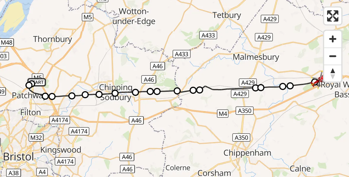 Flight route Air Ambulance Helicopter Almondsbury Helicopter Base - Brinkworth, 09 August 2026, 11:41