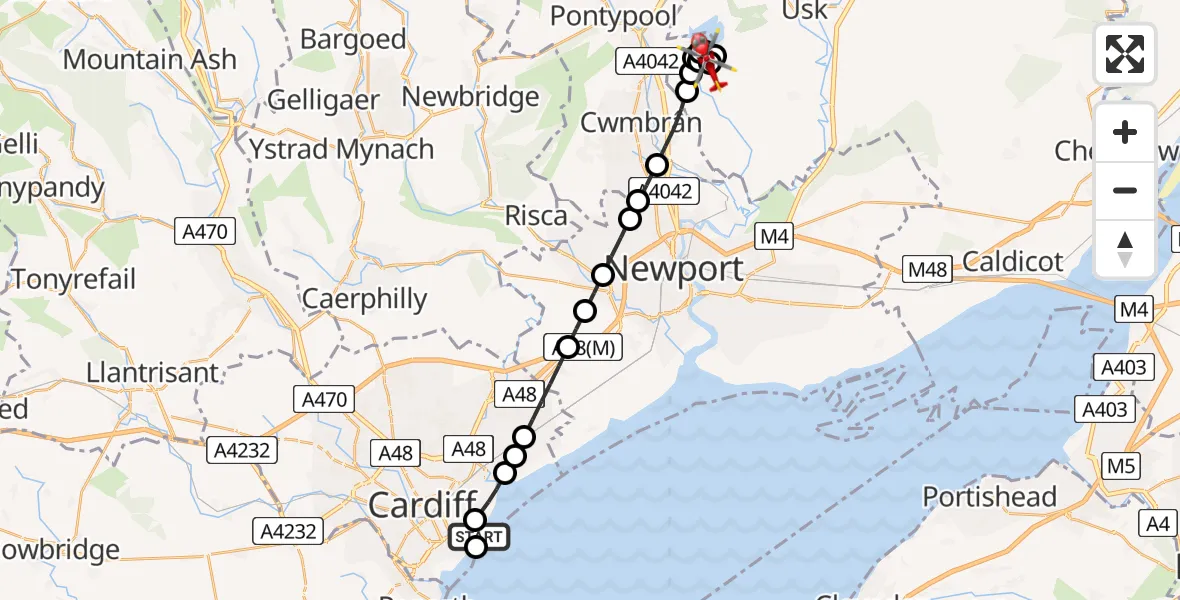 Flight route Air Ambulance Helicopter Cardiff Heliport - Pontypool, 09 August 2026, 11:43