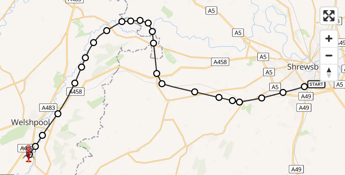 Flight route Air Ambulance Helicopter Shrewsbury - Welshpool Airport, 09 August 2026, 11:49