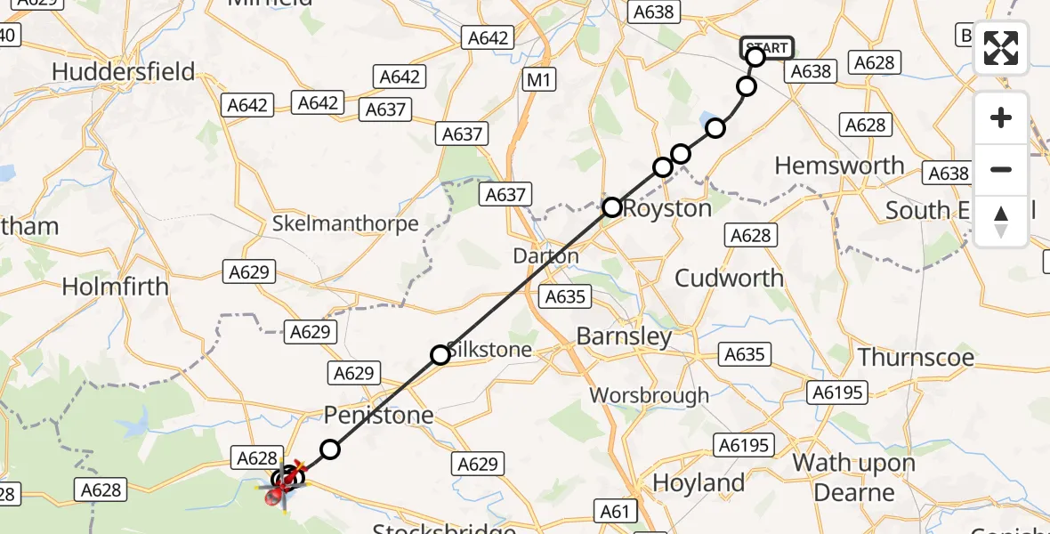 Flight route Air Ambulance Helicopter YAA Nostell Helicopter Port - Langsett, 09 August 2026, 11:51