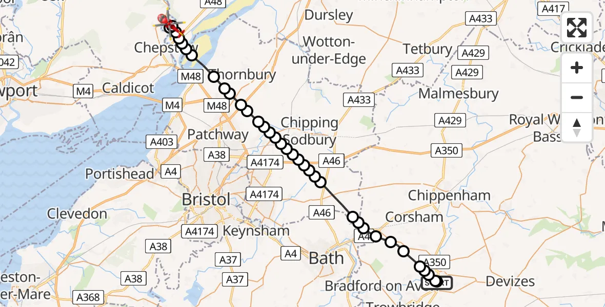 Flight route Air Ambulance Helicopter Wiltshire Air Ambulance - Woodcroft, 09 August 2026, 11:58