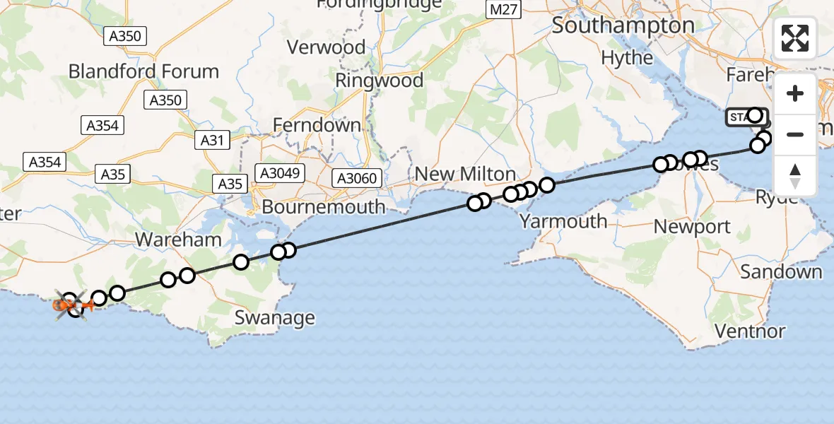 Flight route Coastguard Helicopter Solent Airport - West Lulworth, 09 August 2026, 12:02