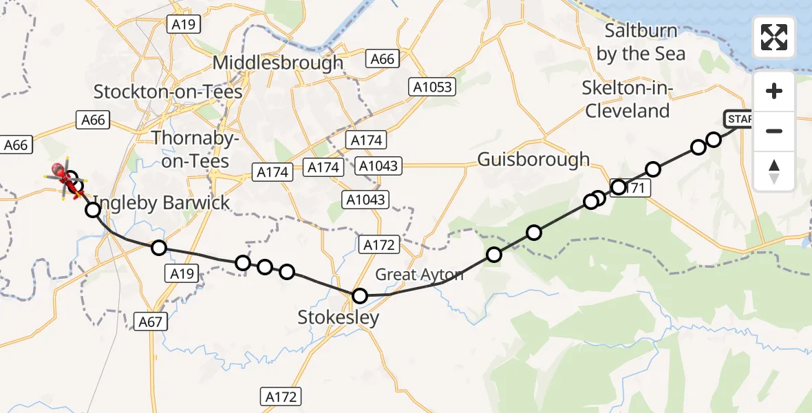 Flight route Air Ambulance Helicopter Loftus - Egglescliffe, 09 August 2026, 12:06