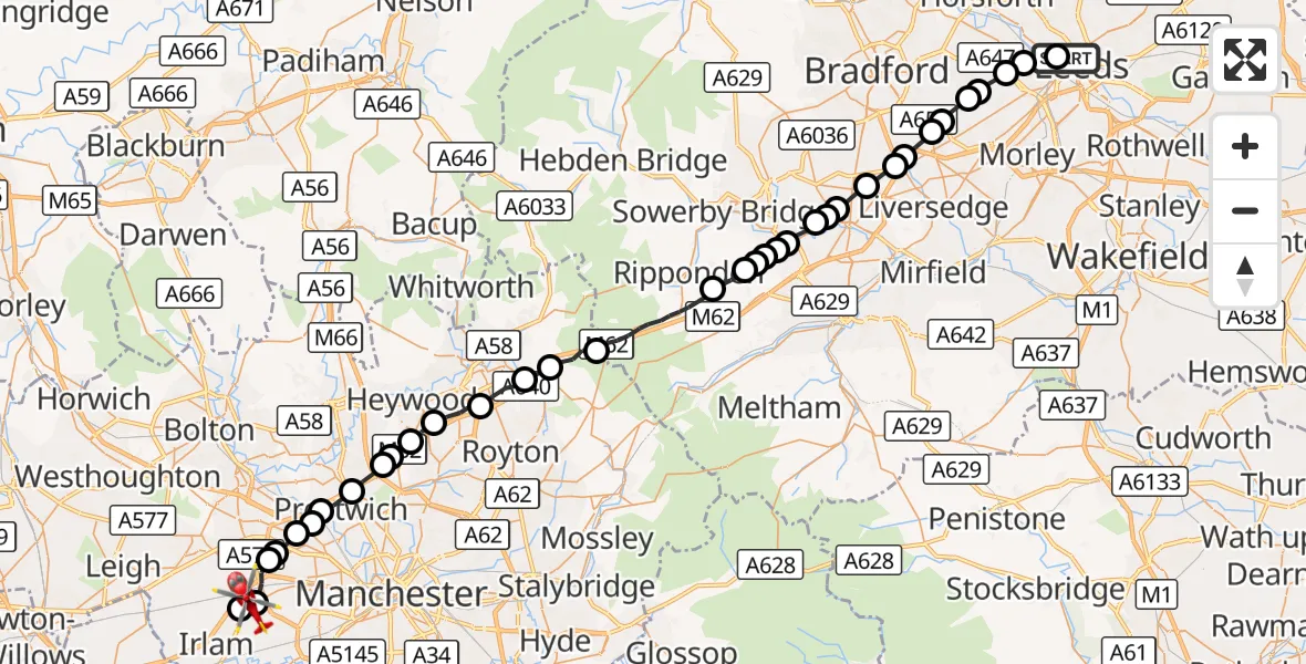 Flight route Air Ambulance Helicopter Woodhouse - Manchester Barton Aerodrome, 09 August 2026, 12:13