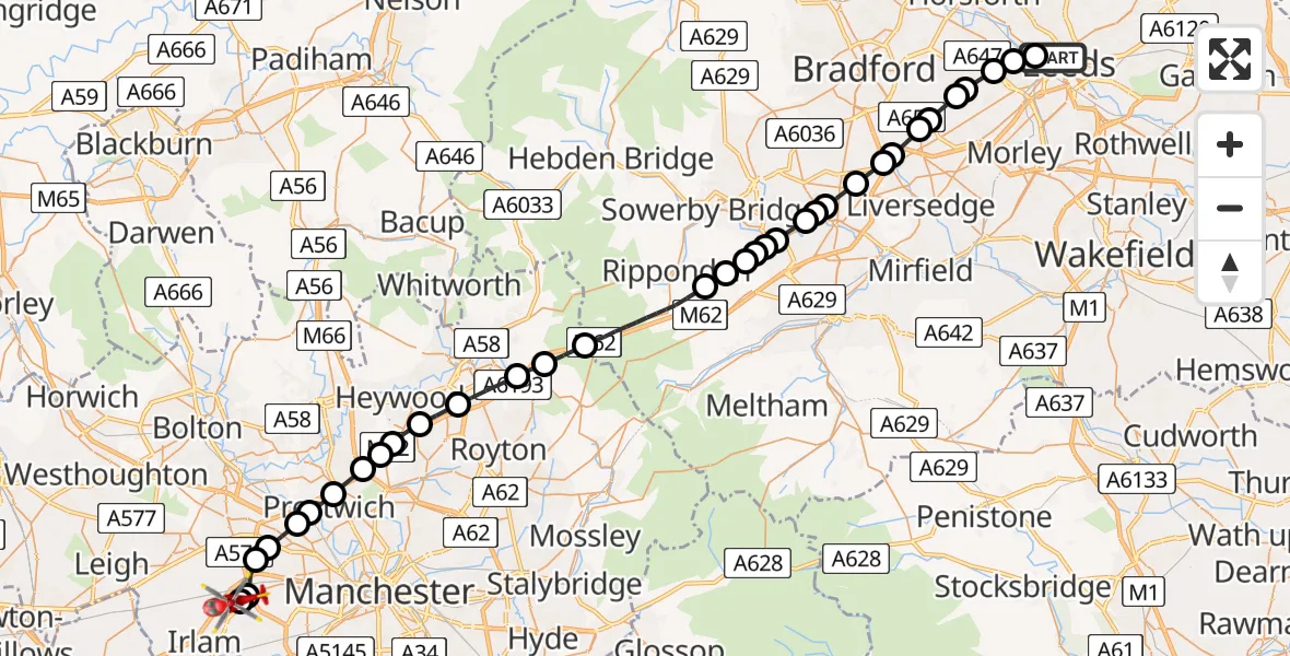 Flight route Air Ambulance Helicopter Woodhouse - Manchester Barton Aerodrome, 09 August 2026, 12:13